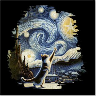 Van Gogh's Cats, Cat in the nigth with star and bats, impressionism, famous painting, Starry Night Style Van Gogh painting Cat Lover Posters and Art