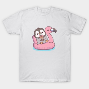 Cute Penguin Chilling On Flamingo Pool Float For Summer T-Shirt