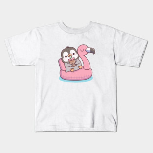 Cute Penguin Chilling On Flamingo Pool Float For Summer Kids T-Shirt