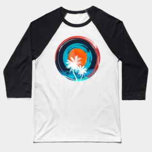 Summer Beach Sunset with white coconut tree and blue ocean waves- Travel Surfing Pattern Art design Baseball T-Shirt