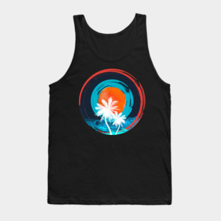 Summer Beach Sunset with white coconut tree and blue ocean waves- Travel Surfing Pattern Art design Tank Top
