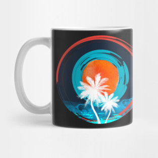 Summer Beach Sunset with white coconut tree and blue ocean waves- Travel Surfing Pattern Art design Mug