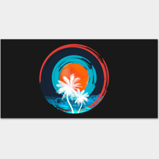 Summer Beach Sunset with white coconut tree and blue ocean waves- Travel Surfing Pattern Art design Posters and Art