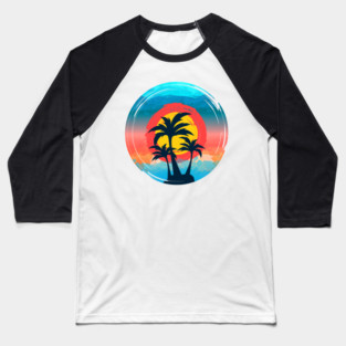 Summer Beach Sunset with black palm coconut tree and blue Travel Surfing Pattern Art design Baseball T-Shirt