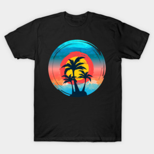 Summer Beach Sunset with black palm coconut tree and blue Travel Surfing Pattern Art design T-Shirt