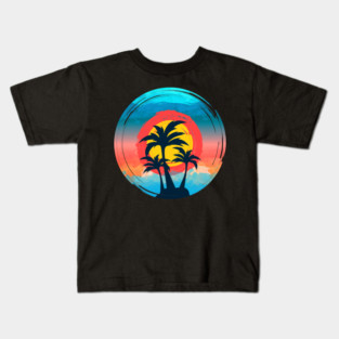 Summer Beach Sunset with black palm coconut tree and blue Travel Surfing Pattern Art design Kids T-Shirt