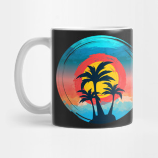 Summer Beach Sunset with black palm coconut tree and blue Travel Surfing Pattern Art design Mug