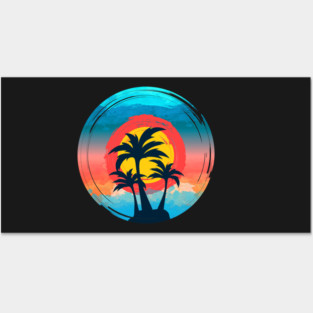 Summer Beach Sunset with black palm coconut tree and blue Travel Surfing Pattern Art design Posters and Art