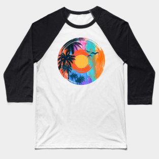 Summer Beach Sunset with black palm coconut tree and Flying Birds Travel Surfing Pattern Art design Baseball T-Shirt