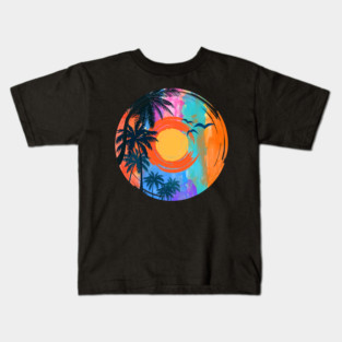 Summer Beach Sunset with black palm coconut tree and Flying Birds Travel Surfing Pattern Art design Kids T-Shirt
