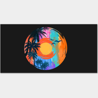 Summer Beach Sunset with black palm coconut tree and Flying Birds Travel Surfing Pattern Art design Posters and Art