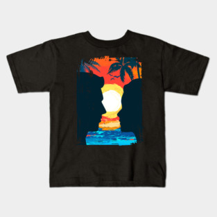 Summer Beach with black palm coconut tree with flying birds and couple Travel Surfing Pattern Art design Kids T-Shirt