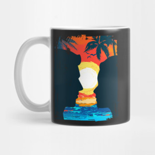 Summer Beach with black palm coconut tree with flying birds and couple Travel Surfing Pattern Art design Mug