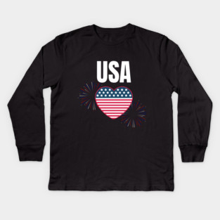 USA Heart Shape American Flag 4th of July Kids Long Sleeve T-Shirt