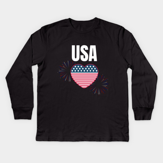USA Heart Shape American Flag 4th of July Kids Long Sleeve T-Shirt by BirdsnStuff