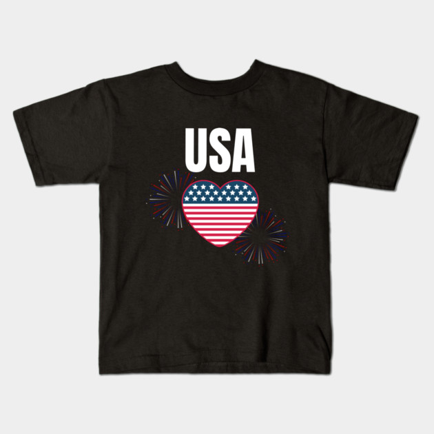 USA Heart Shape American Flag 4th of July Kids T-Shirt by BirdsnStuff