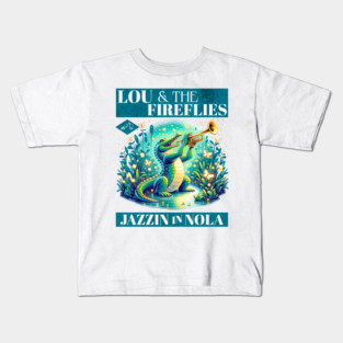 Louie and the fireflies Jazzin in Nola Alligator style Album Cover Distressed Look Kids T-Shirt