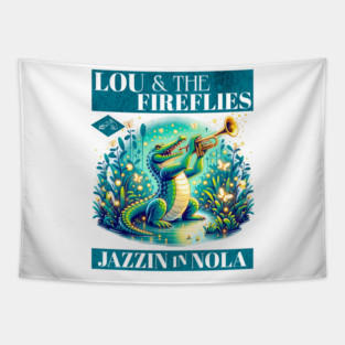 Louie and the fireflies Jazzin in Nola Alligator style Album Cover Distressed Look Tapestry