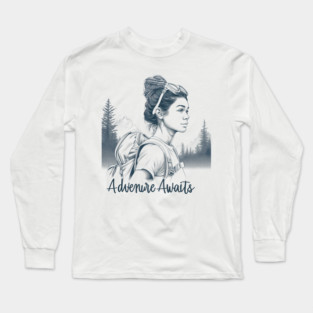 Adventure Awaits, minimalist line art of a woman hiker with a backpack Long Sleeve T-Shirt
