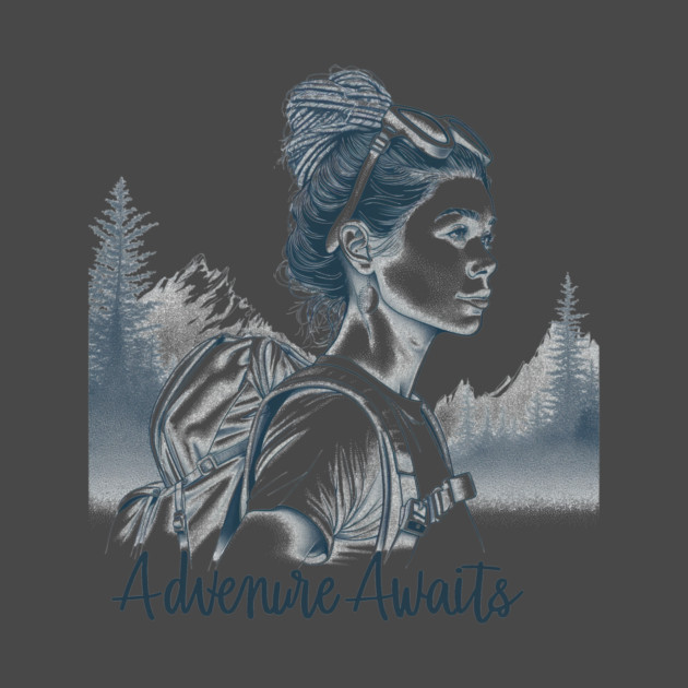 Adventure Awaits, minimalist line art of a woman hiker with a backpack by Vinokurio