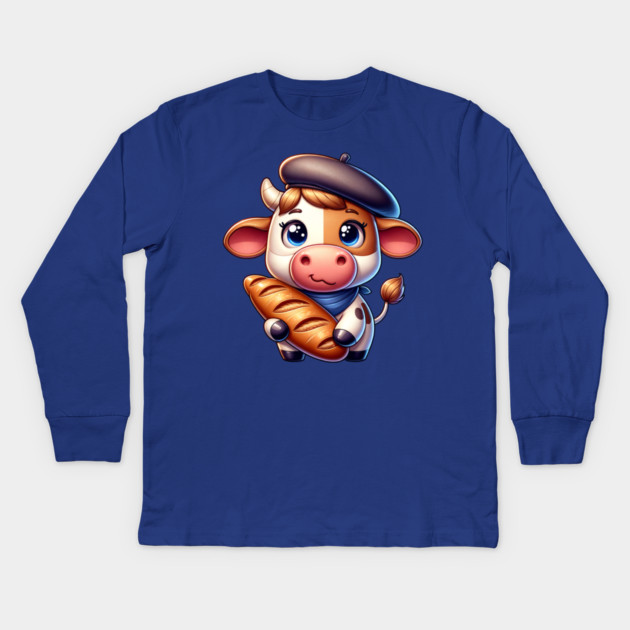 French Cow with Baguette Kids Long Sleeve T-Shirt by HolidayBug
