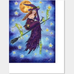 Halloween witch with frogs by Renee Lavoie Posters and Art