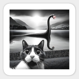 Funny Surprised Cat Selfie with Loch Ness Monster, Bubble Sticker