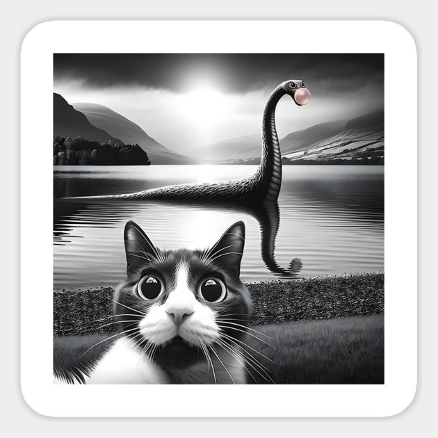 Funny Surprised Cat Selfie with Loch Ness Monster, Bubble Magnet by Luxinda