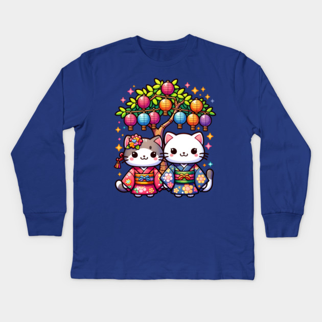 Tanabata Kittens in Kimonos Kids Long Sleeve T-Shirt by HolidayBug