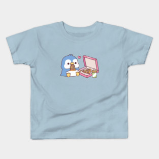 Cute Blue Penguin Loves Eating Pizza Kids T-Shirt