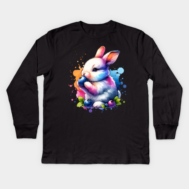 Watercolor Blueberry Bunny Kids Long Sleeve T-Shirt by HolidayBug