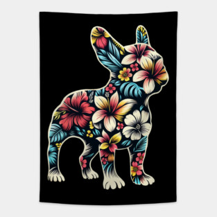 French bulldog silhouette and colorful tropical flowers, French bulldog lovers, gift for French bulldog  lovers Tapestry