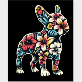 French bulldog silhouette and colorful tropical flowers, French bulldog lovers, gift for French bulldog  lovers Posters and Art