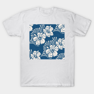 Hawaiian Block Print / Hibiscus Flowers in Cream and Ocean Blue T-Shirt