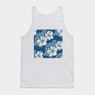 Hawaiian Block Print / Hibiscus Flowers in Cream and Ocean Blue Tank Top