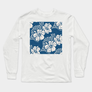 Hawaiian Block Print / Hibiscus Flowers in Cream and Ocean Blue Long Sleeve T-Shirt