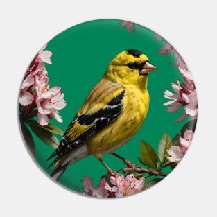 An American Goldfinch Surrounded By Rhododendron Flowers Pin