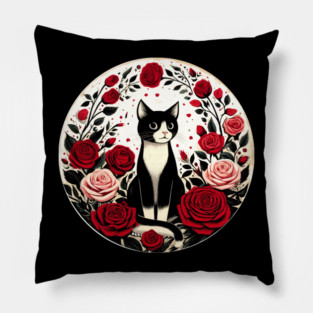 Tuxedo Cat Roses Pillow