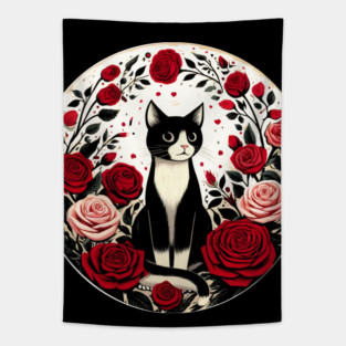 Tuxedo Cat Roses Tapestry