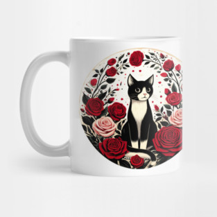 Tuxedo Cat Roses Mug