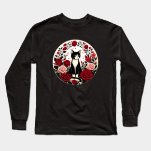 Tuxedo Cat Roses Long Sleeve T-Shirt