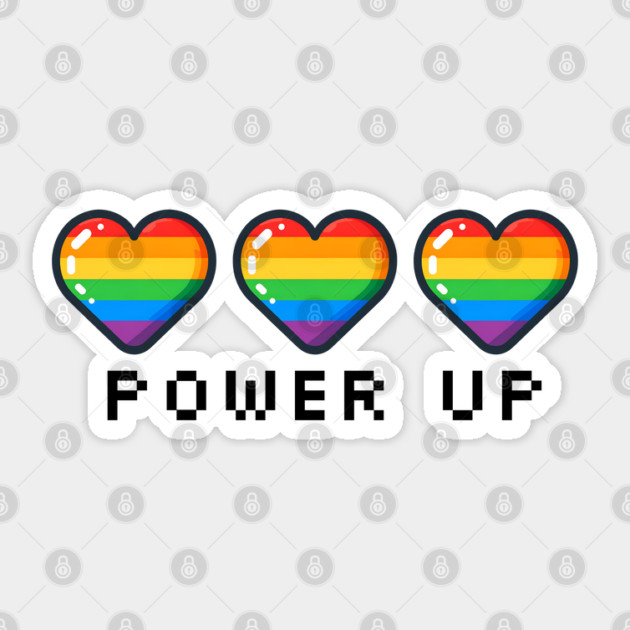 Gay Pride Power Up Video Game Rainbow Hearts Pride Flag LBGT Sticker by Yesteeyear