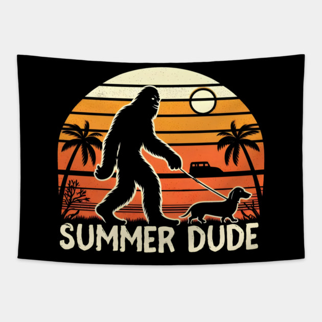 Summer Dude - Bigfoot Beach Sunset Tapestry by MakerMind8.2