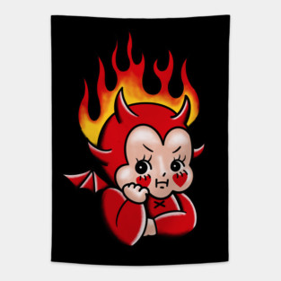 Kewpie Halloween cute devil tattoo vintage Tapestry