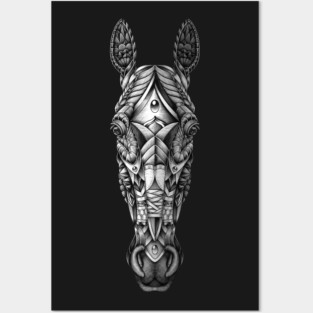 Ornate Horse Head BW Posters and Art