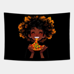Anime happy black girl eating pizza Tapestry