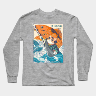 Samurai cat and koi fish Long Sleeve T-Shirt