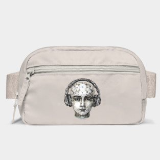 Phrenology head with headphones. Bag