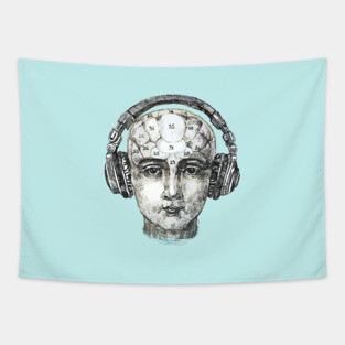 Phrenology head with headphones. Tapestry