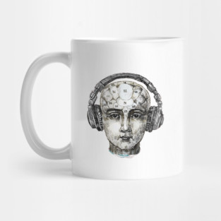 Phrenology head with headphones. Mug